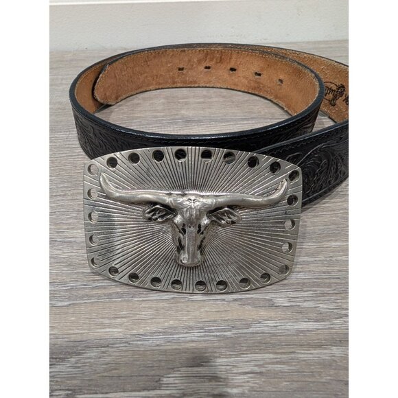 Justin Men's Longhorn Buckle Tooled Black Leather Classic Western Belt Size 34 - Picture 1 of 16